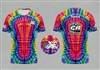 Disc golf jersey featuring a colorful tie-dye disc golf basket design