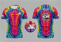 Disc golf jersey featuring a colorful tie-dye disc golf basket design