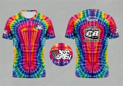 Disc golf jersey featuring a colorful tie-dye disc golf basket design